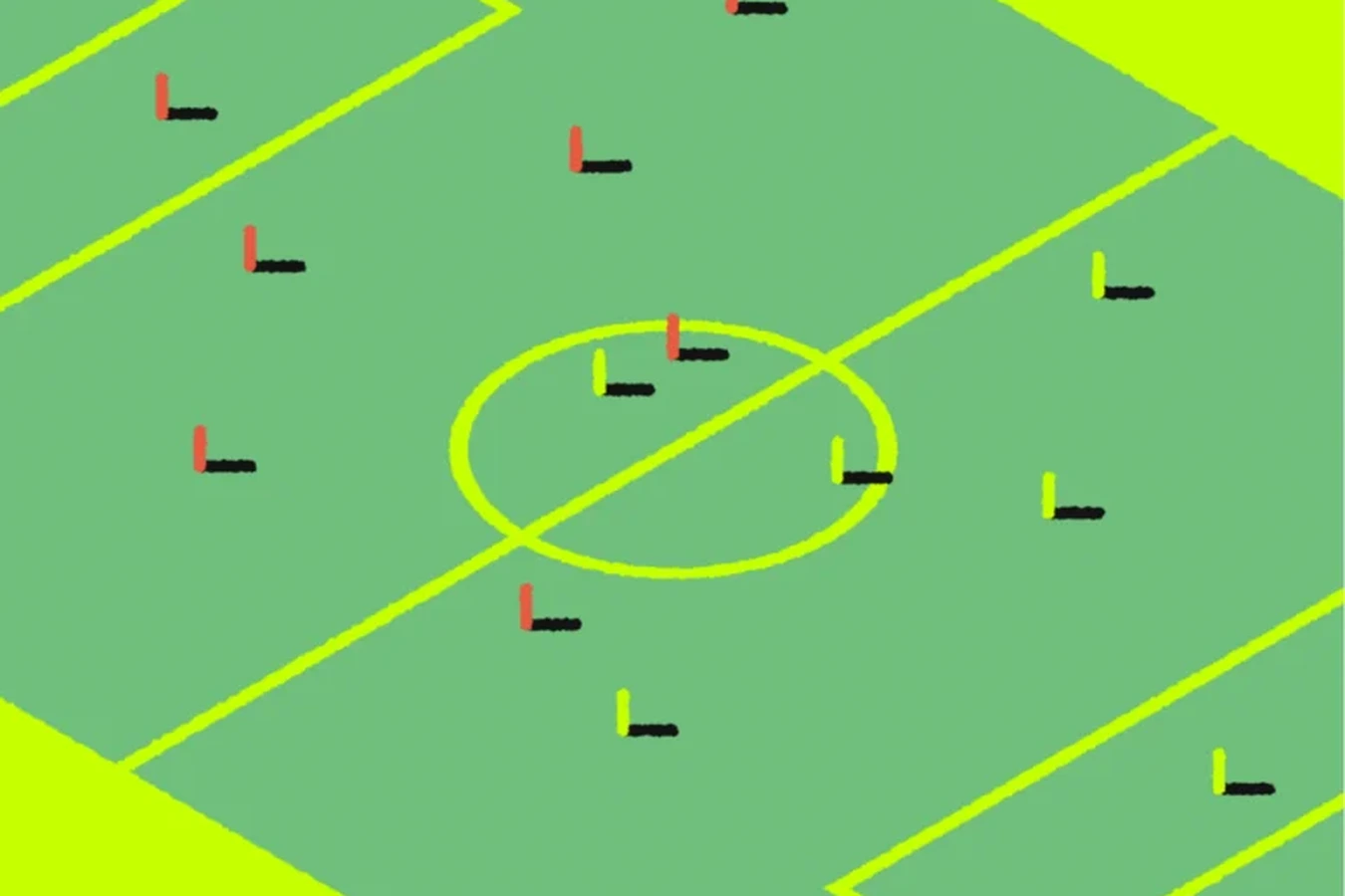 Isometric soccer pitch in green and lime with small team markers, from the Admittee brand