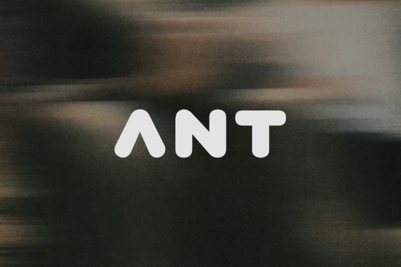 The word ANT in a rounded sans-serif wordmark, light grey over a dark motion-blurred photo