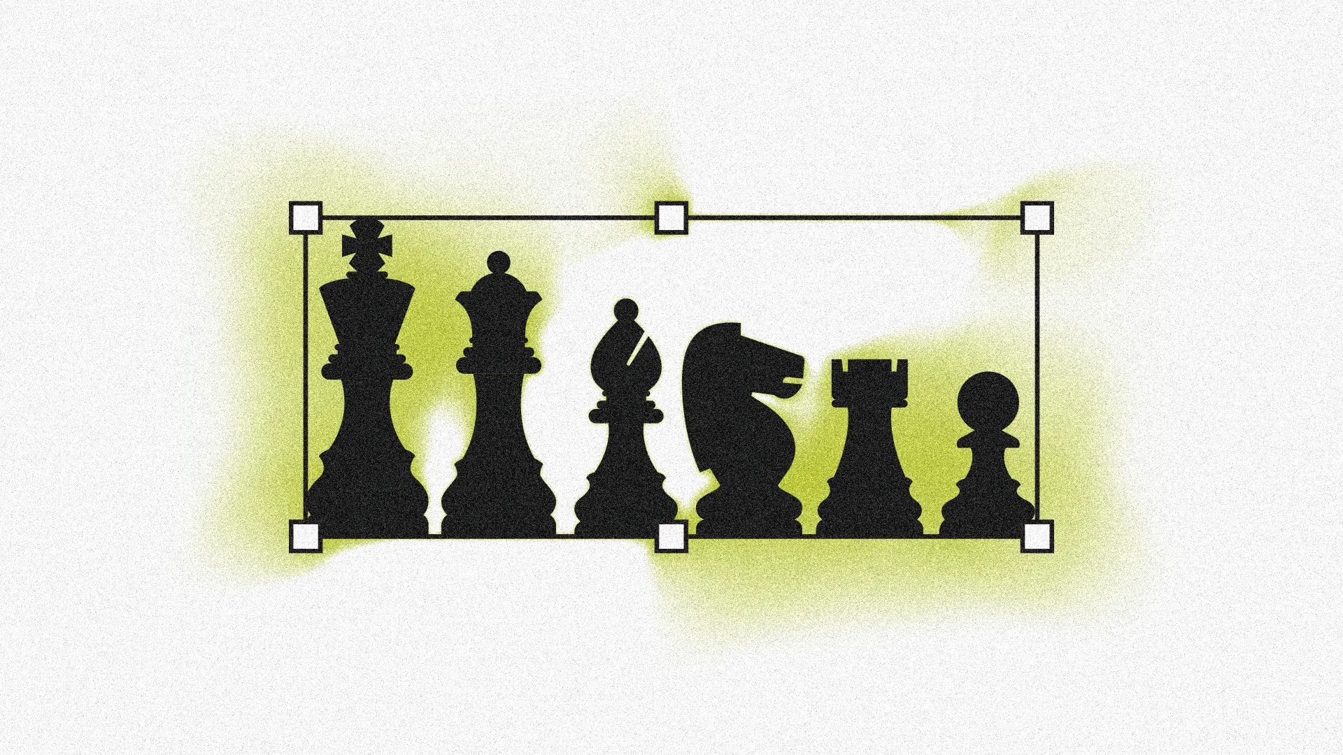 A row of black chess pieces, king to pawn, inside a design-app selection box, with a soft lime glow and film grain