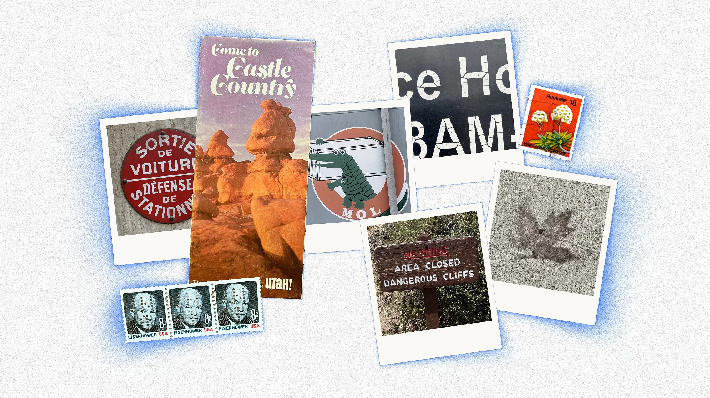 A loose pile of collected things on a pale ground: Polaroids of a French no-parking sign, a cartoon crocodile logo, cracked white lettering, a dangerous cliffs sign and a leaf print on pavement, with a Castle Country Utah pamphlet and old Eisenhower and Australian stamps