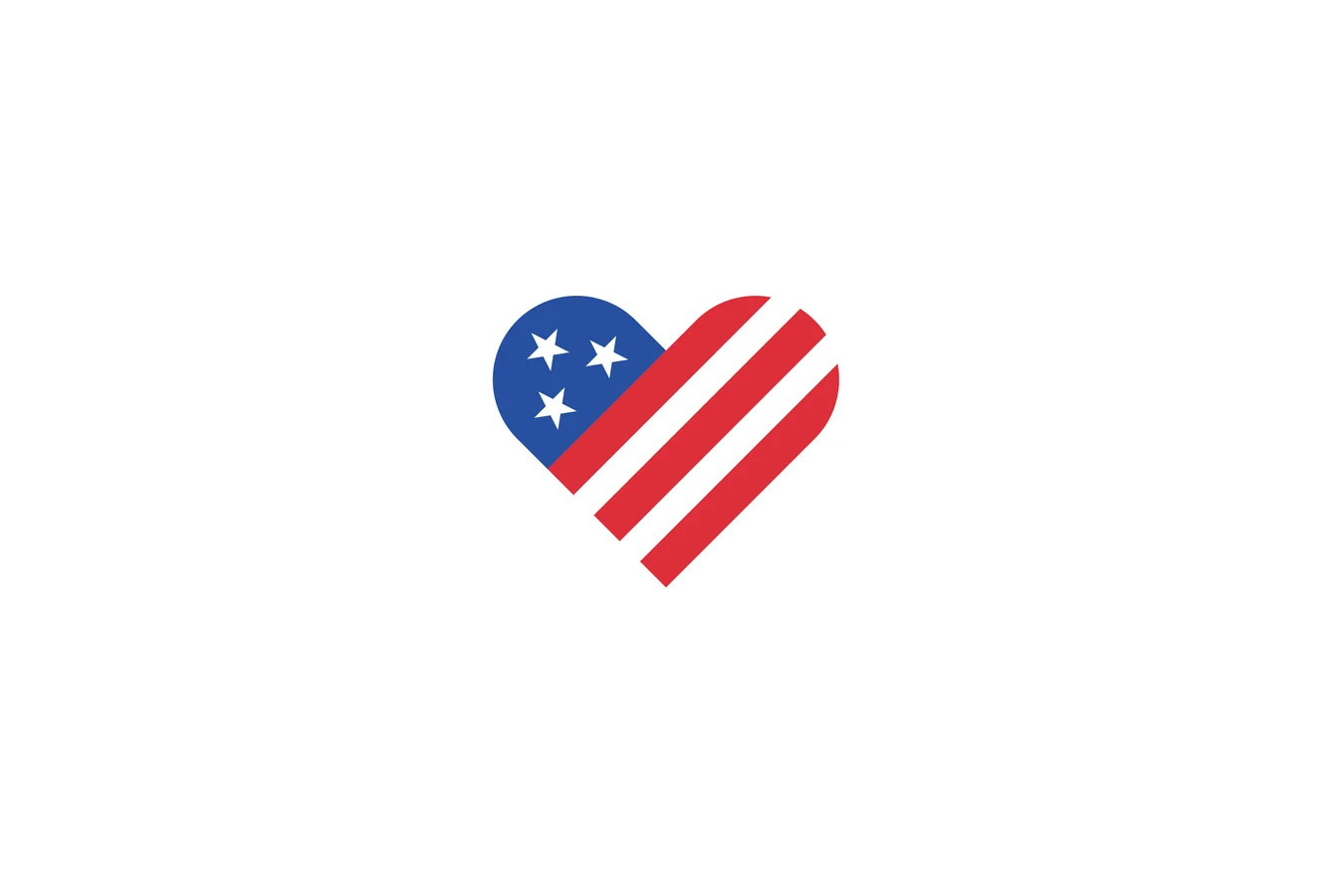 Heart mark split into an American flag pattern of white stars on blue and red and white stripes, on white