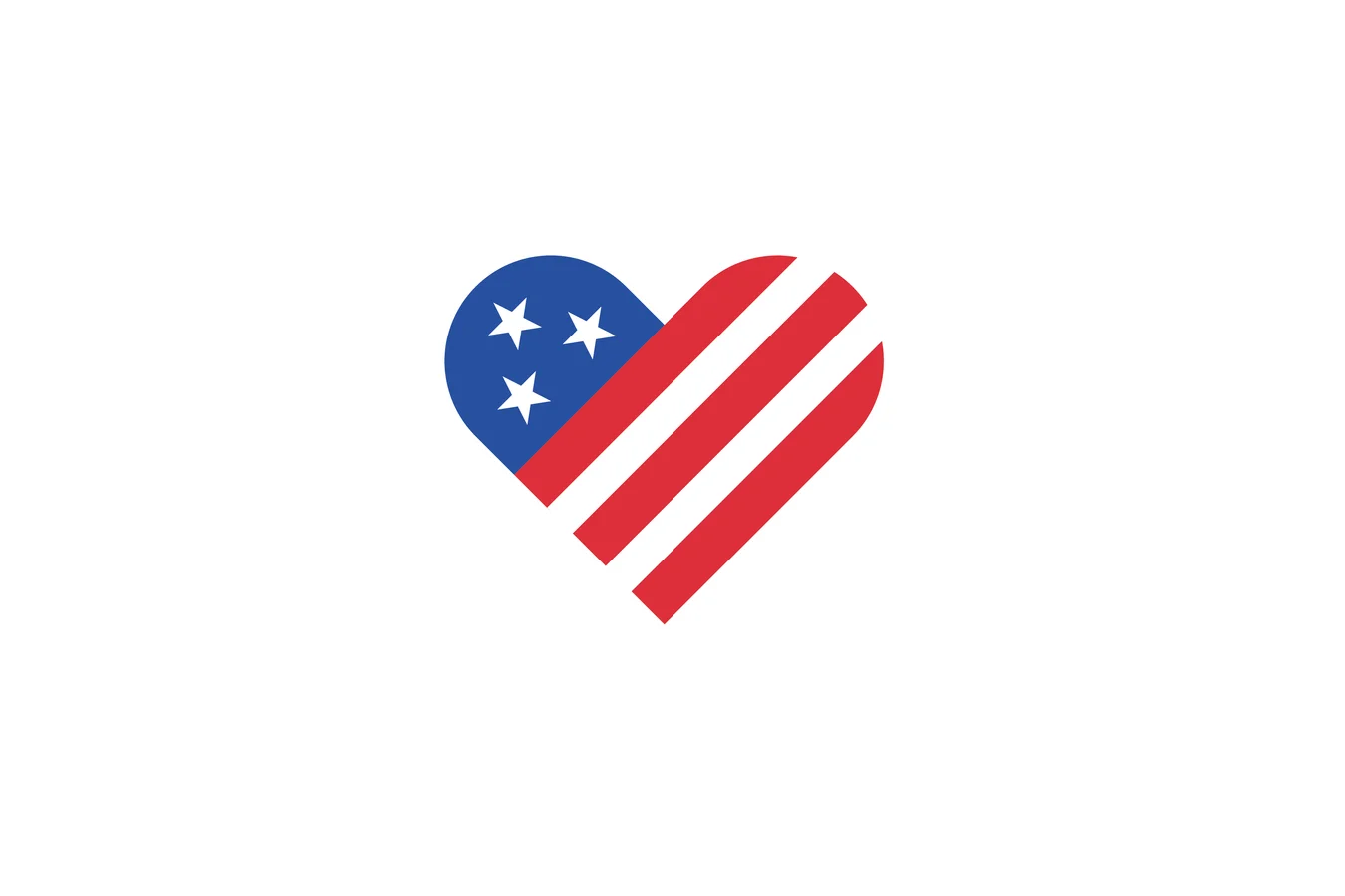 Heart mark split into an American flag pattern of white stars on blue and red and white stripes, on white