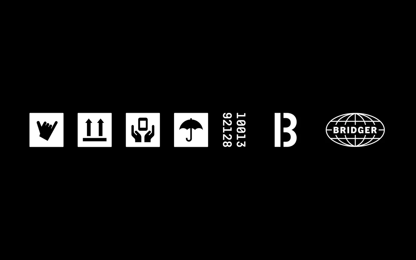 Row of white icons on black: a hand sign, up arrows, hands holding a phone, an umbrella, vertical numbers 10013 92128, a B mark and a BRIDGER globe badge