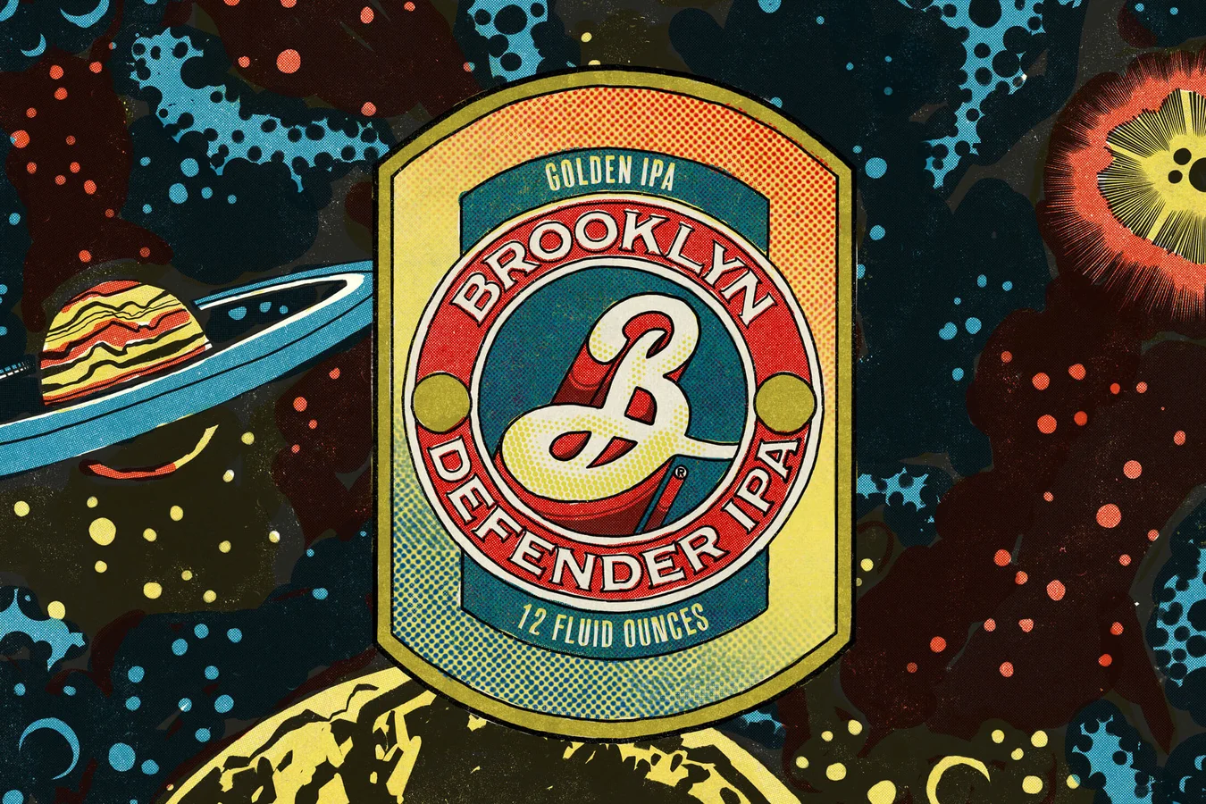 Brooklyn Defender IPA badge, a red and teal oval with a cream script B, over a dark illustrated space scene of planets and dotted nebulae