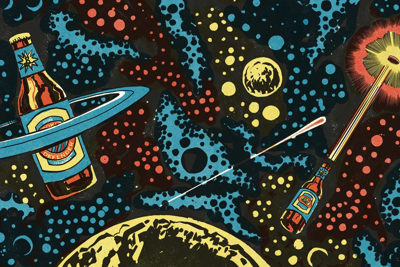 Comic-style illustration of a ringed planet, a glowing red star and a Brooklyn beer bottle flying through a blue, red and yellow dotted nebula