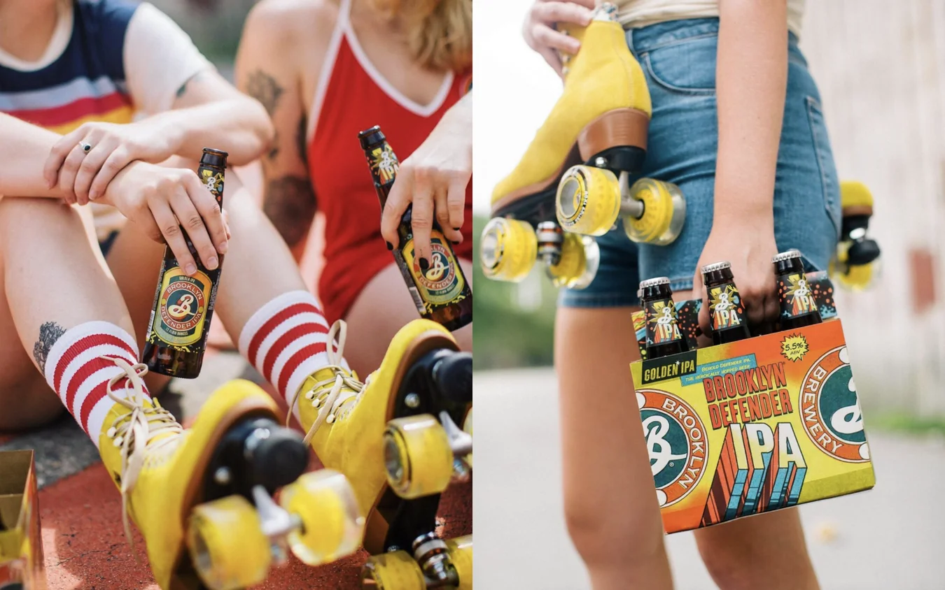 Two photos side by side: seated people in roller skates holding beer bottles, and a person carrying a Brooklyn Defender IPA six-pack with yellow roller skates