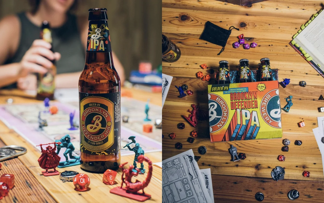 Two photos side by side: a Brooklyn Defender IPA bottle on a tabletop board game with miniature figures, and an overhead view of a six-pack on a wooden table with dice