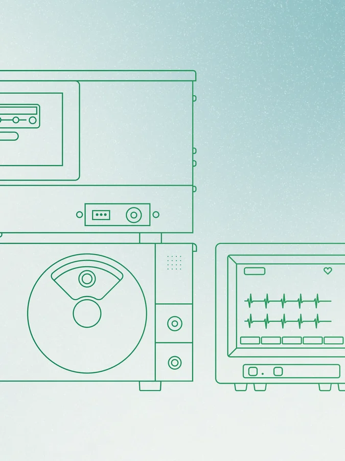 Green line drawing of a cardiac ablation console on a pale teal gradient