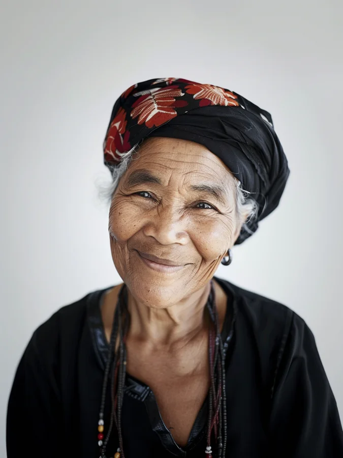 Portrait of a smiling older woman in a black and red floral headscarf