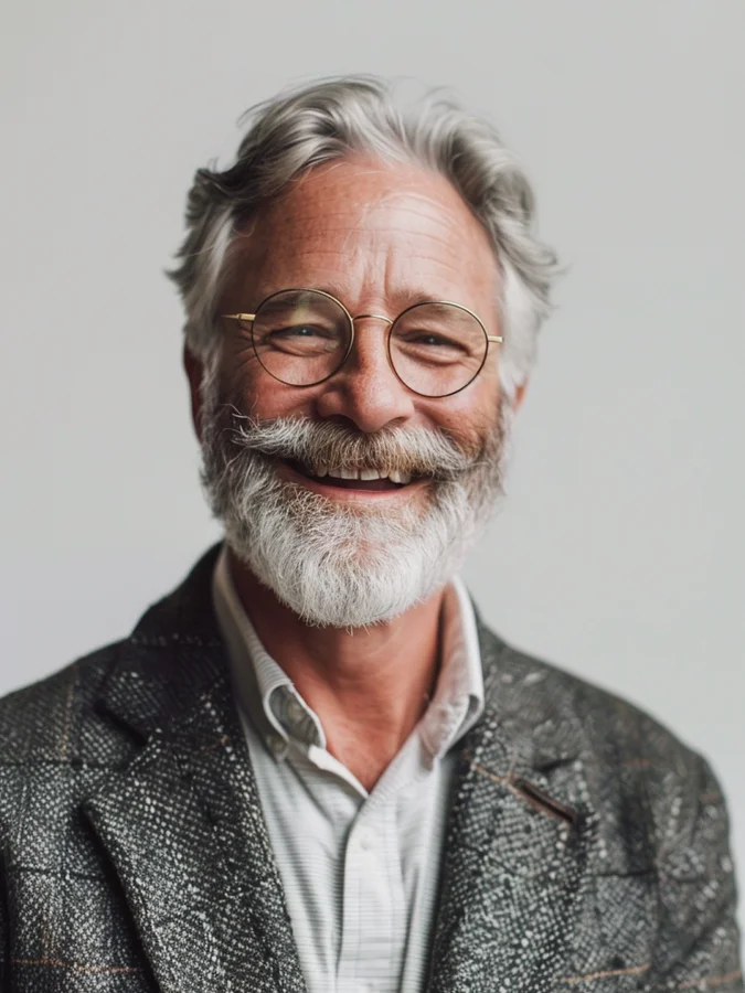 Portrait of a smiling grey-bearded man in round glasses and a tweed jacket