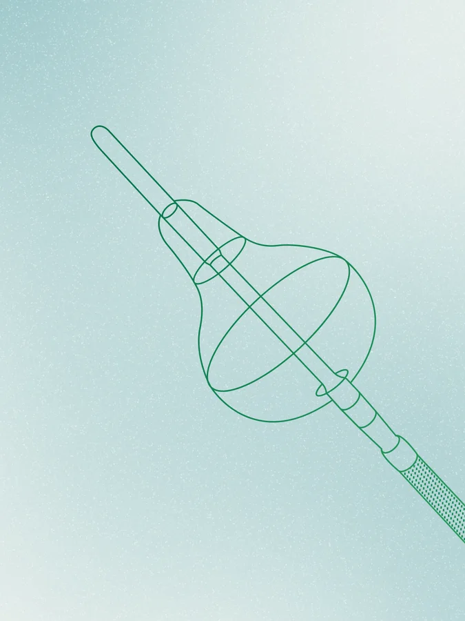 Green line drawing of a balloon catheter on a pale teal gradient