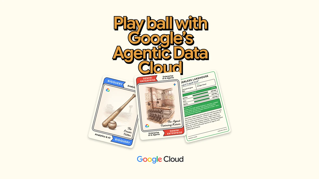 Foil booster pack reading Play ball with Google's Agentic Data Cloud, with three trading cards fanned out below