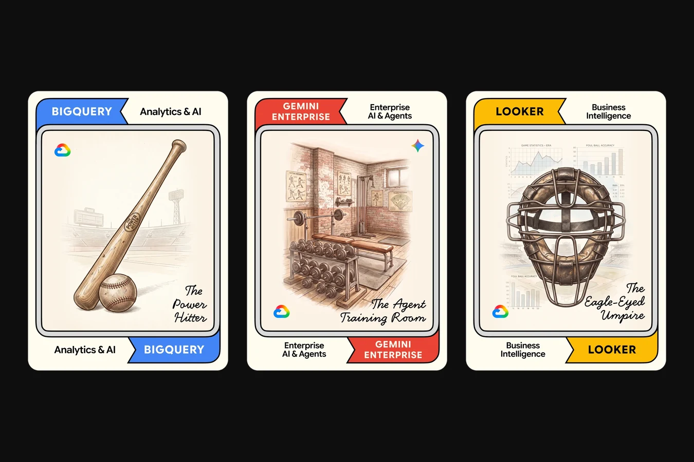 BigQuery, Gemini Enterprise and Looker trading cards side by side on black