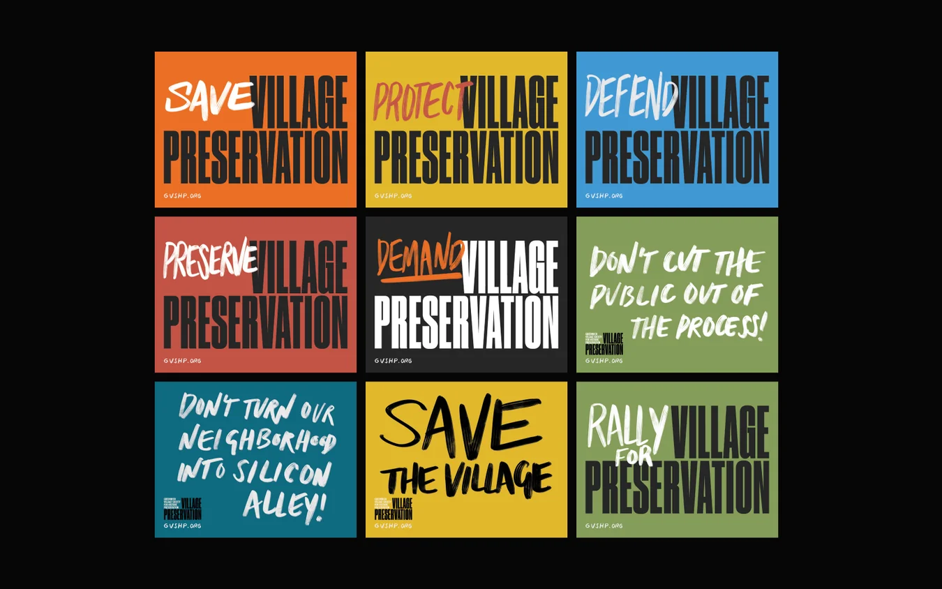 Three-by-three grid of Village Preservation posters in orange, yellow, blue, red, black, green and teal with brush-script slogans such as Save the Village