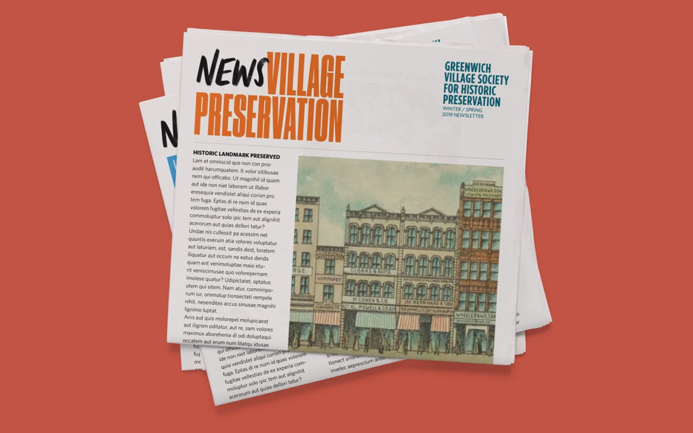 Folded newspaper mockup on red titled News Village Preservation, with a tinted illustration of a row of old buildings