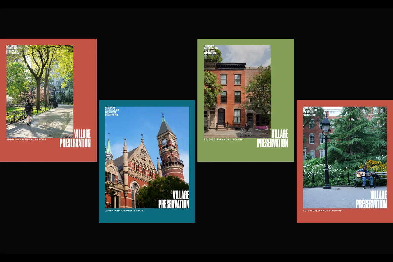 Four annual report covers in red, teal and green, each with a street photo and VILLAGE PRESERVATION lettering, staggered on black