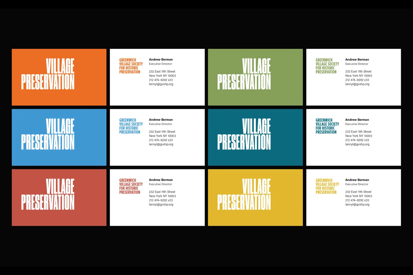 Grid of business cards in orange, blue, red, green, teal and yellow with VILLAGE PRESERVATION logo, alternating with white contact cards