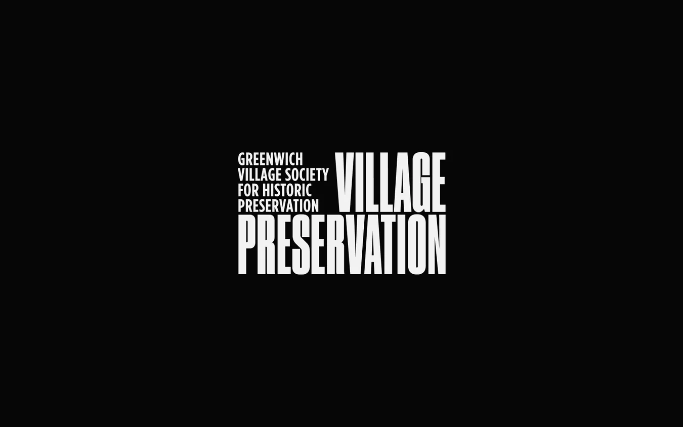 White Greenwich Village Society for Historic Preservation text beside a tall VILLAGE PRESERVATION wordmark on black