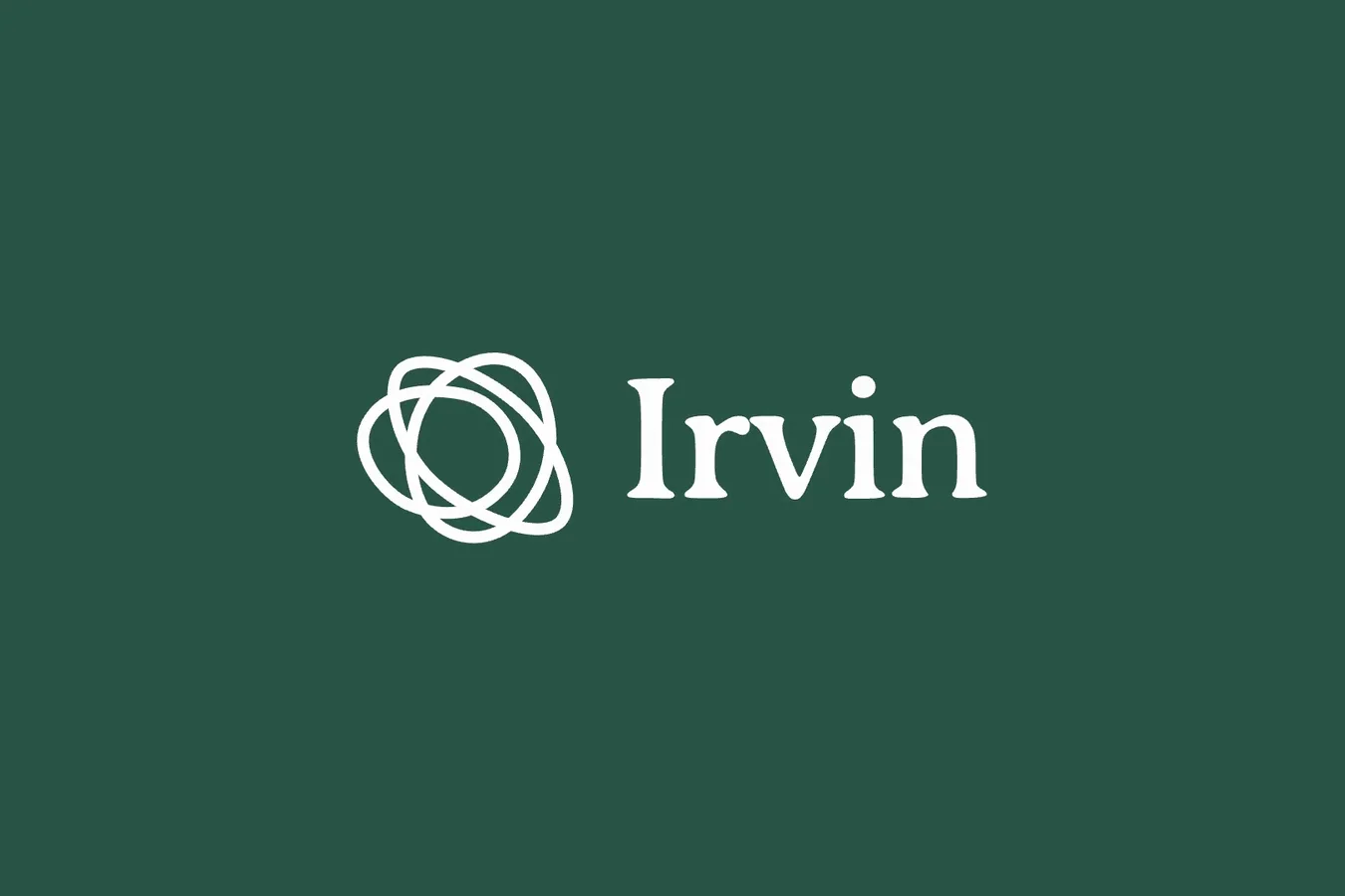Irvin logo, an interlocking ring mark beside the Irvin wordmark, in white on dark green