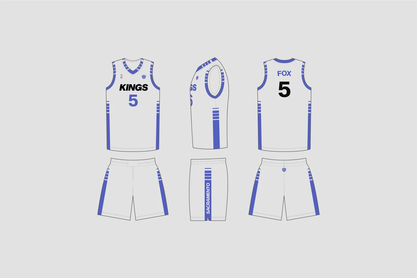 Flat drawings of a white basketball uniform with blue trim, jersey front, side and back reading FOX 5, with matching shorts, on light grey