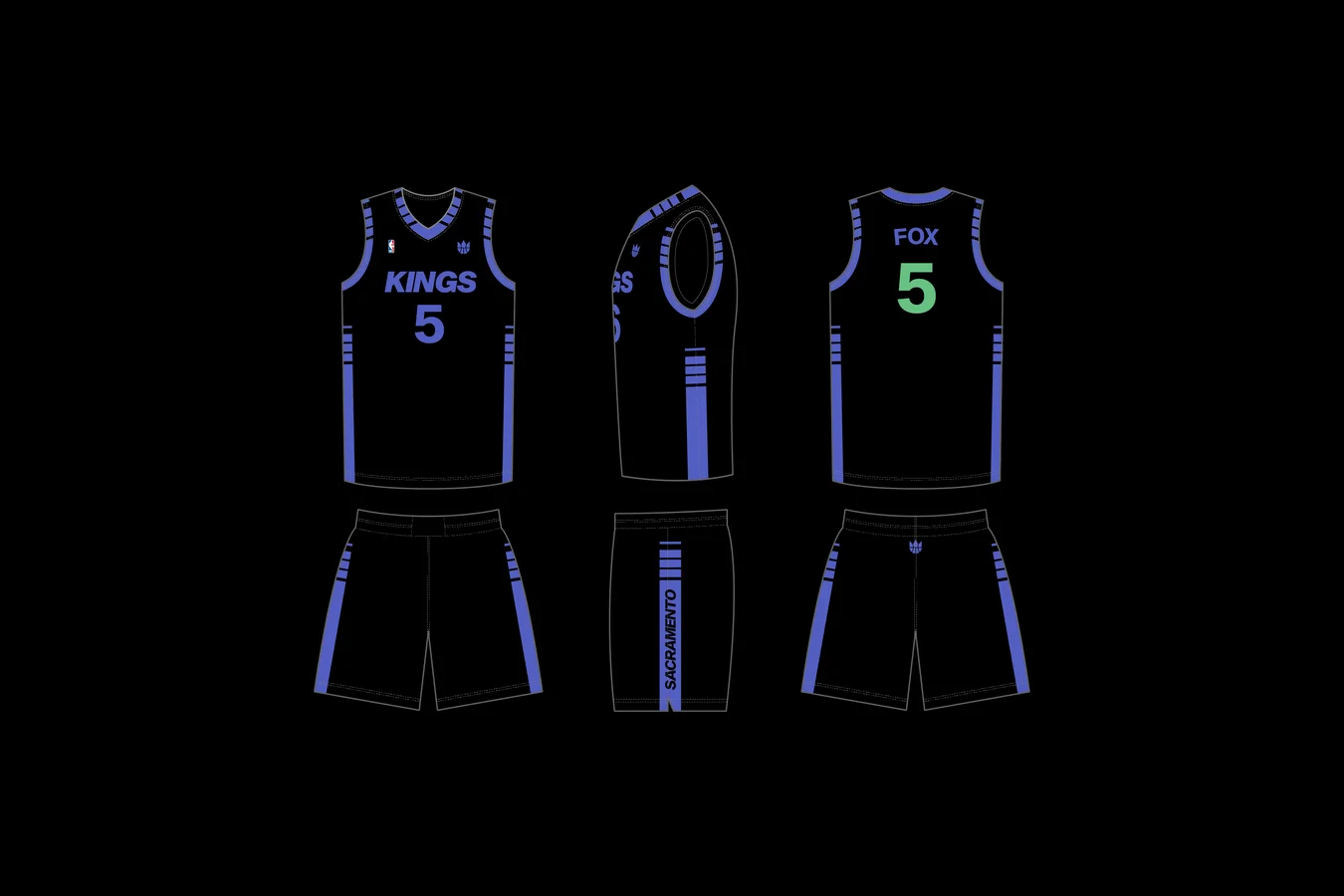 Flat drawings of a black basketball uniform with blue trim and a green number 5 on the back reading FOX, with matching shorts, on black
