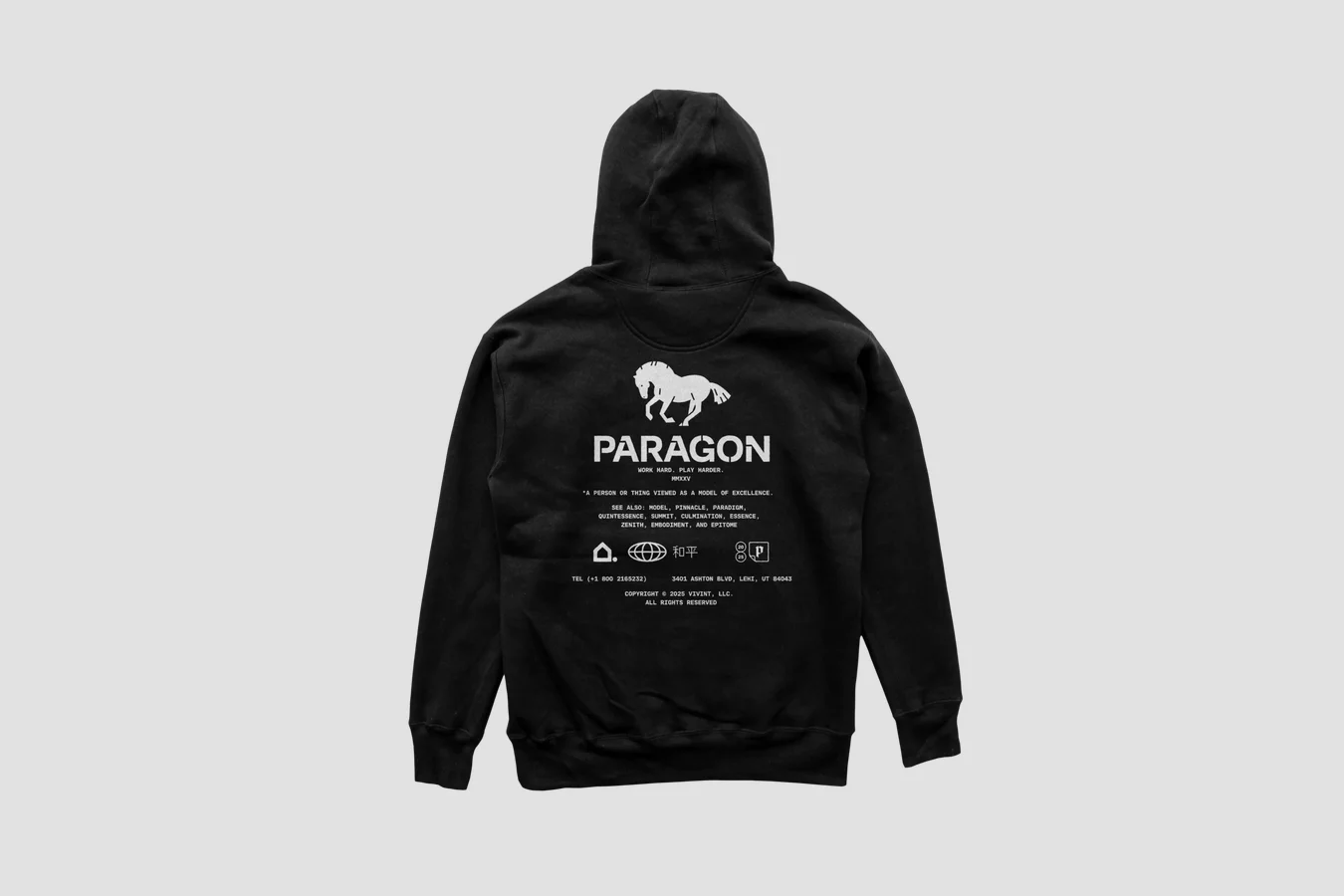 Black hoodie back printed with a white horse, PARAGON wordmark and small lines of text, on light grey