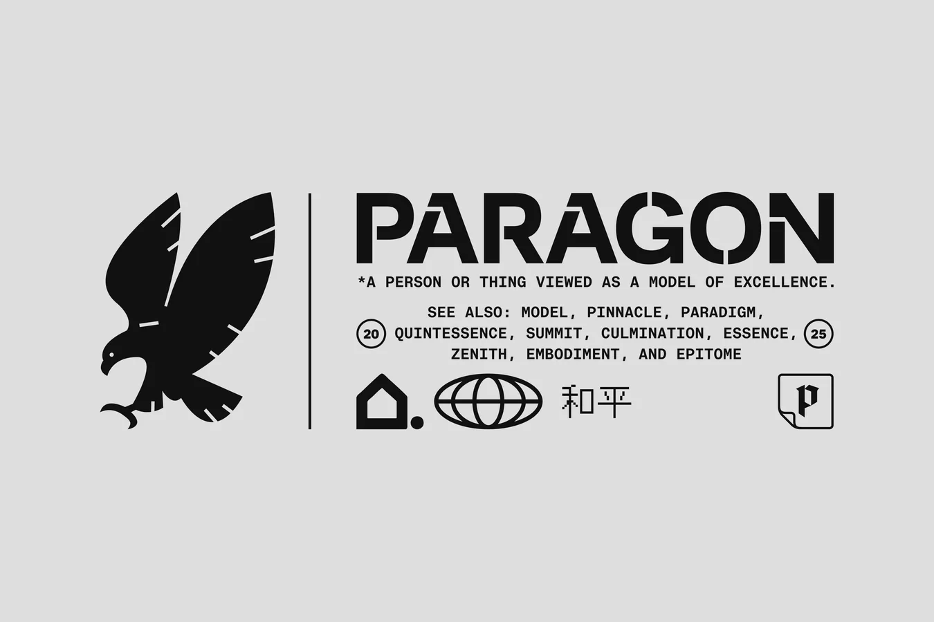 Black eagle mark beside the PARAGON wordmark, a definition line, small icons and a P badge, on light grey