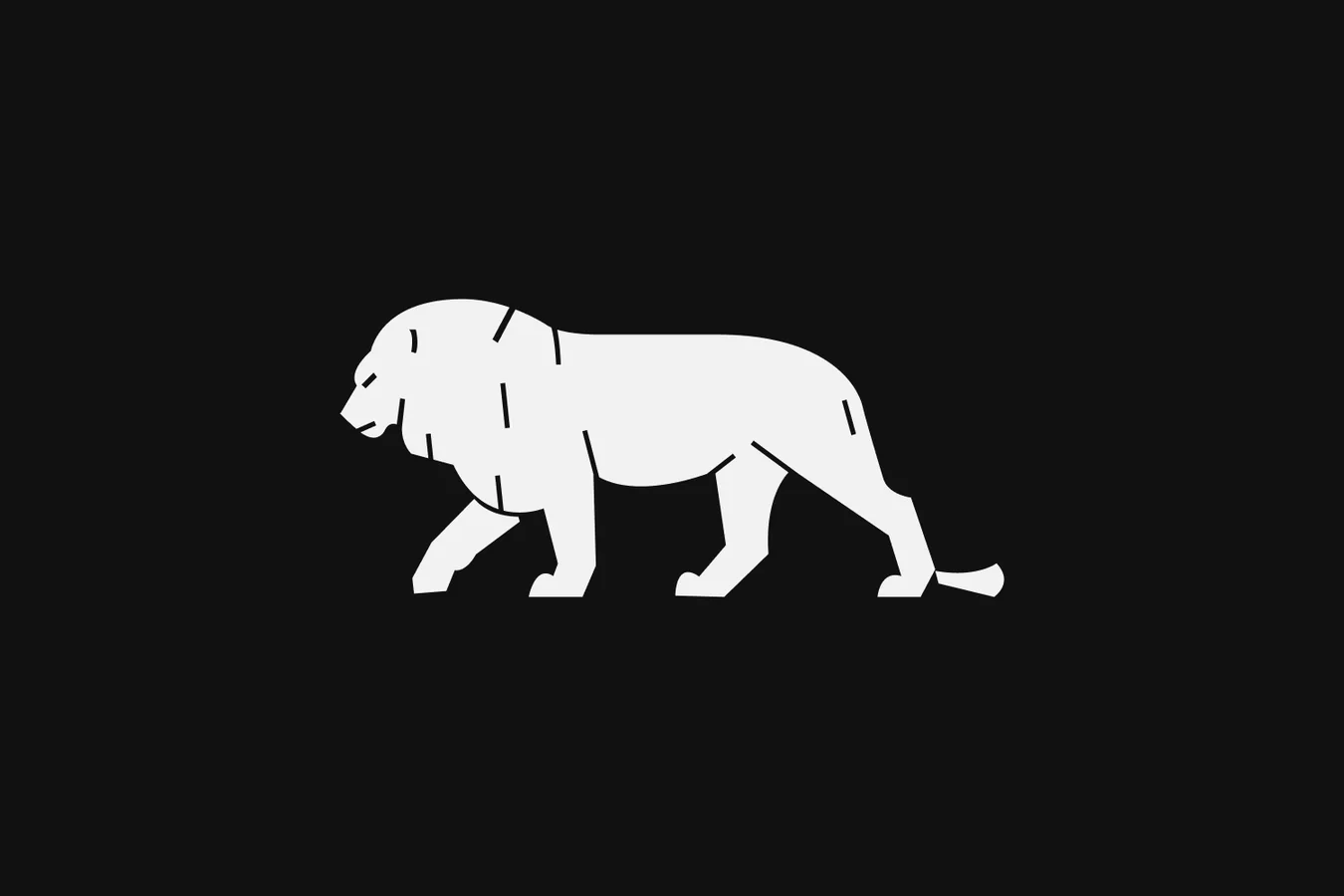 White lion mark walking left on a near-black background