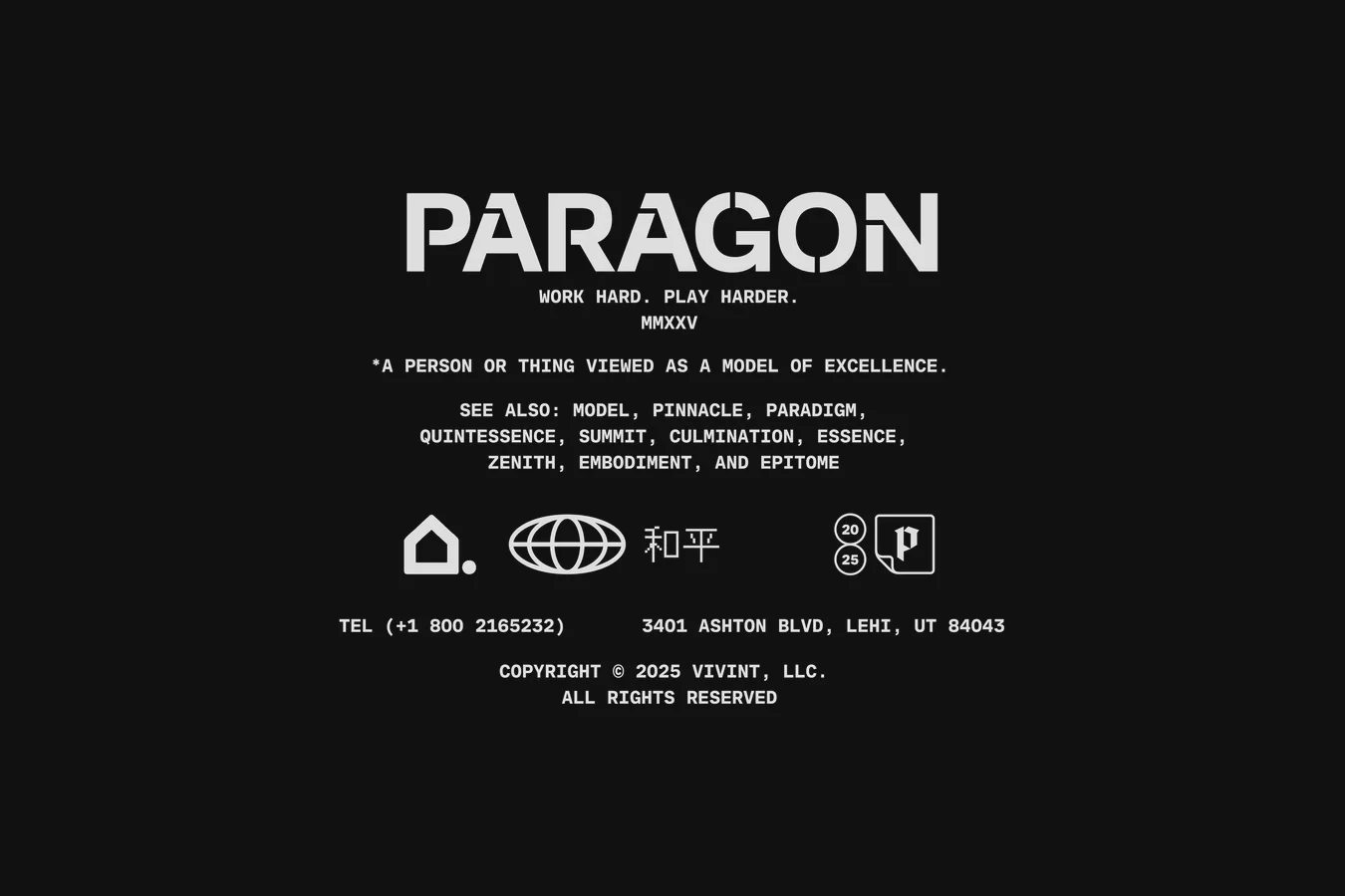 White PARAGON wordmark with tagline Work Hard. Play Harder., a definition, see-also words and contact details, on near-black