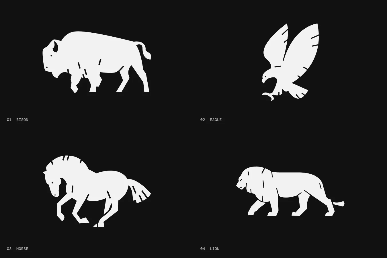 Contact sheet of the four Paragon animal marks in white on near-black: a bison, an eagle, a horse and a lion, each labelled
