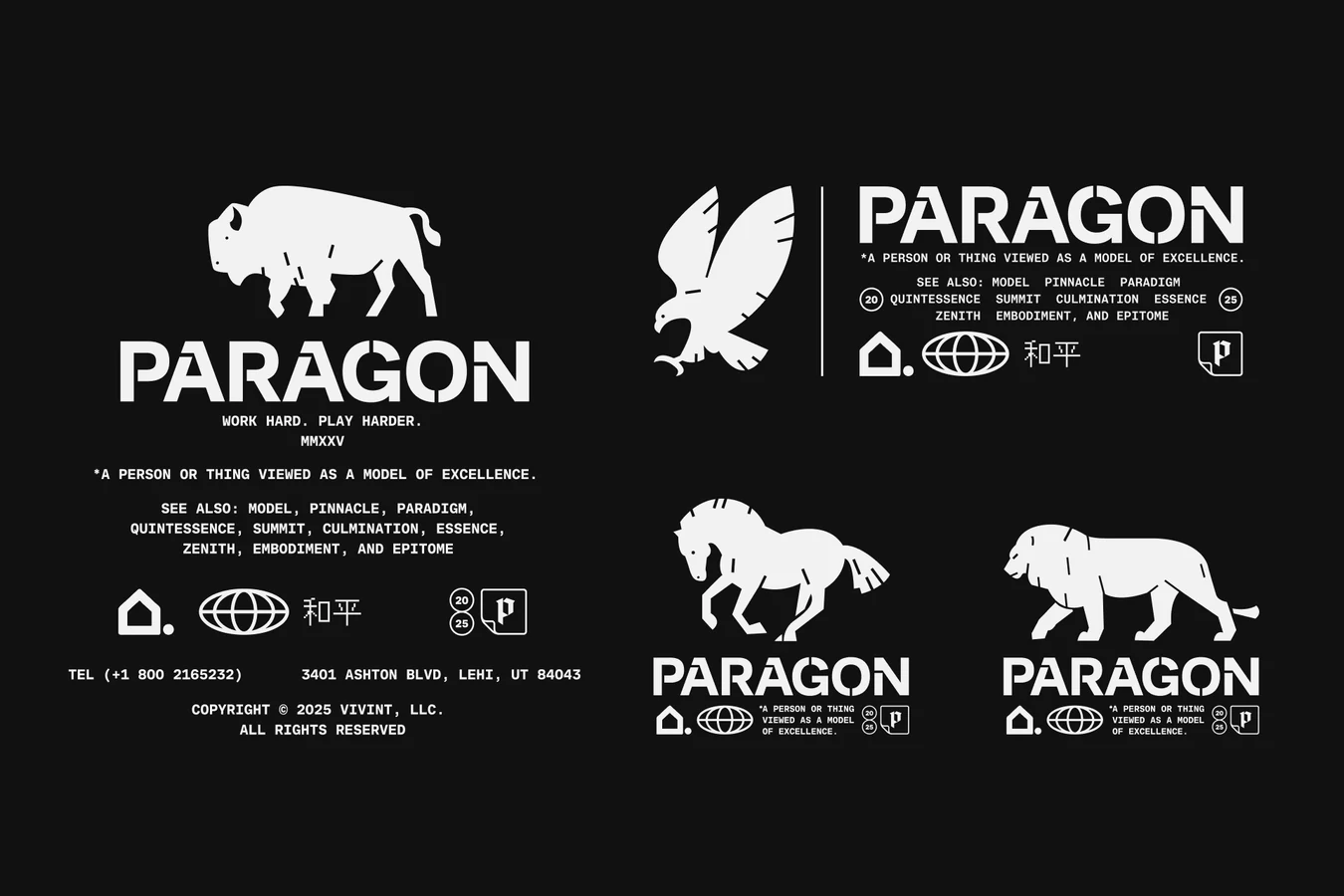 Paragon brand sheet in off-white on near-black: the bison, eagle, horse and lion marks with PARAGON wordmark lockups, a definition line and small icons
