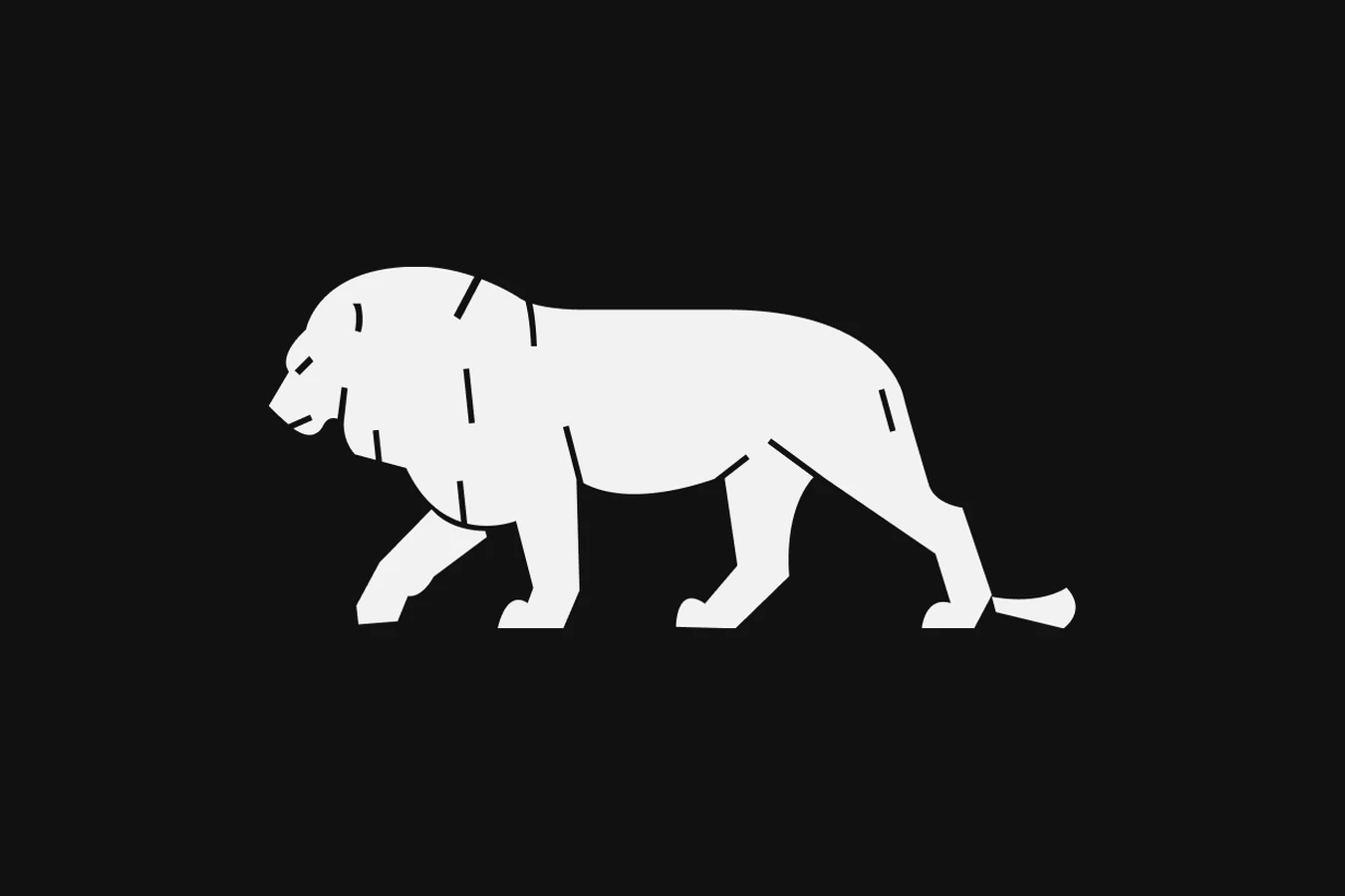 White lion mark walking left on a near-black background