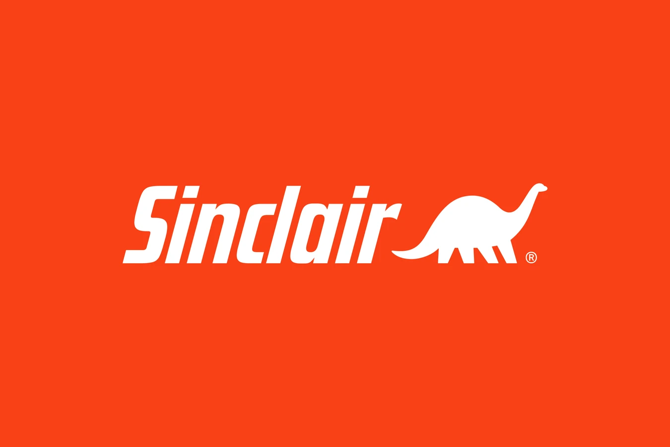White Sinclair wordmark with a white dinosaur silhouette on an orange-red background