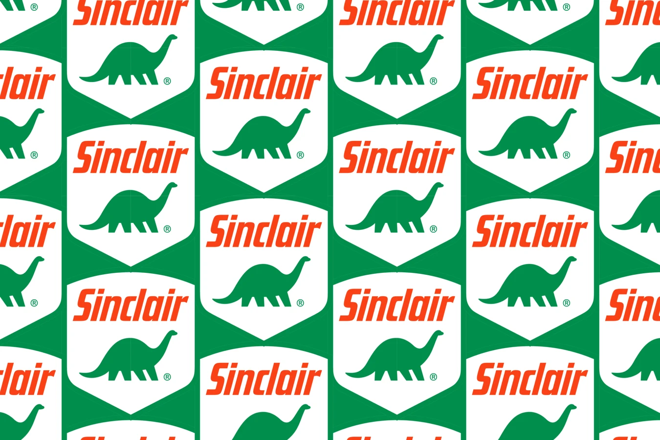 Repeating pattern of Sinclair shields with a green dinosaur and red script wordmark, on white with green borders