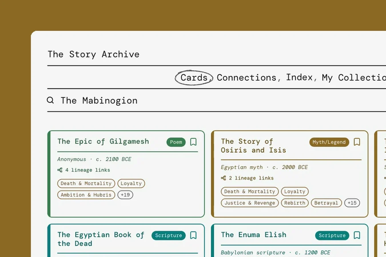 Close view of The Story Archive Cards view on a brass background: the search bar and story cards for The Epic of Gilgamesh and The Story of Osiris and Isis