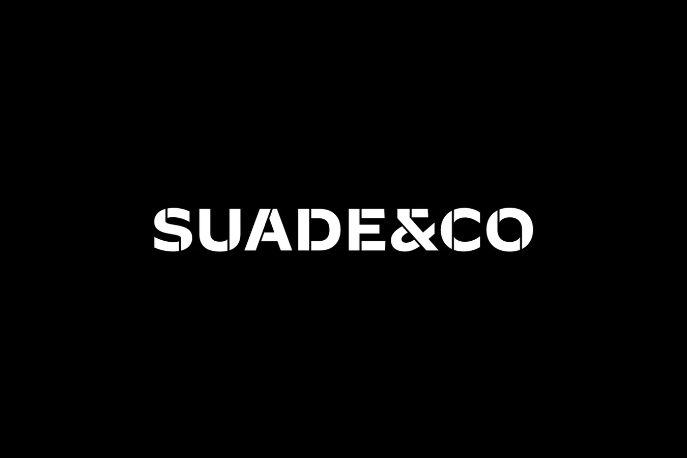 SUADE&CO wordmark in white stencil-style type on a black background