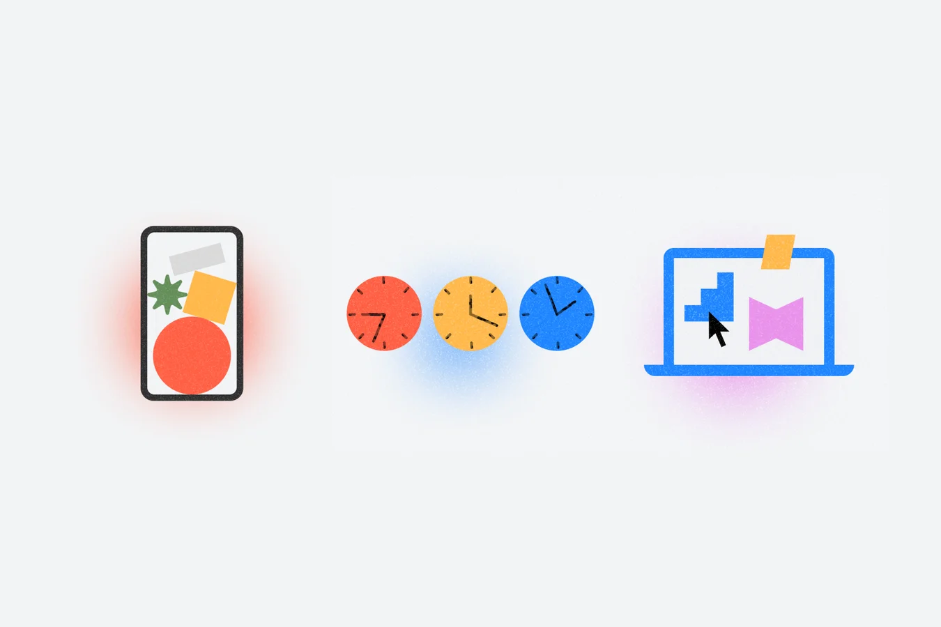 Three illustrations on off-white: a phone with an orange circle and shapes, three red, yellow and blue clocks, and a blue laptop with a cursor and pink bow shape