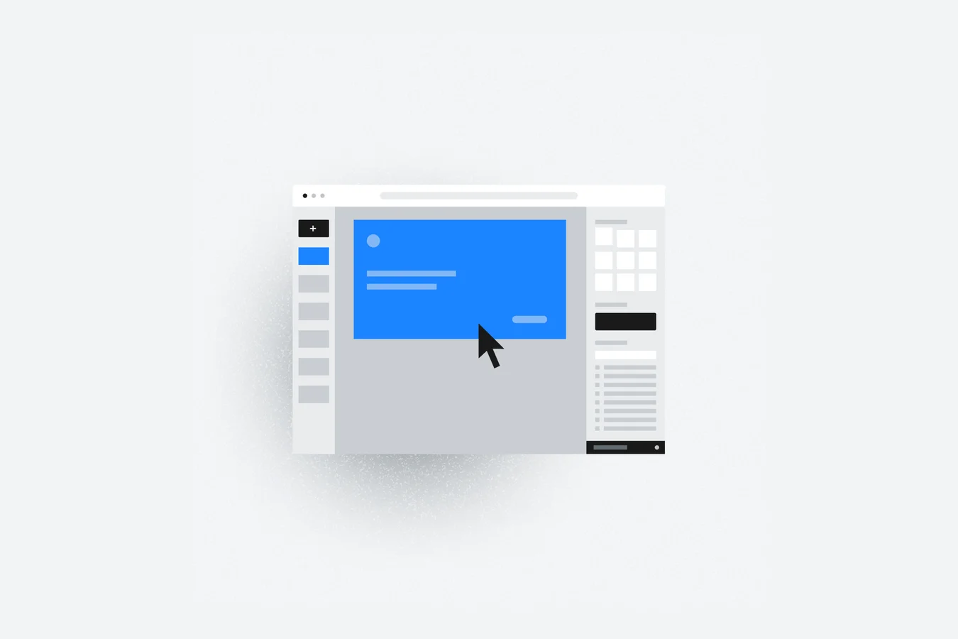 Mockup of the Tiled builder interface with a blue content block and a cursor, on off-white with a soft shadow